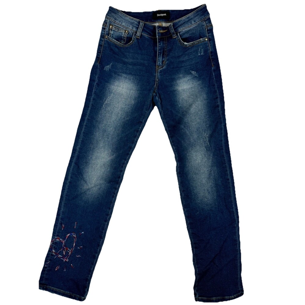 Desigual Exotic Jeans Women’s Blue Embroidered Heart Slim Stretch SZ26 Slim Fit